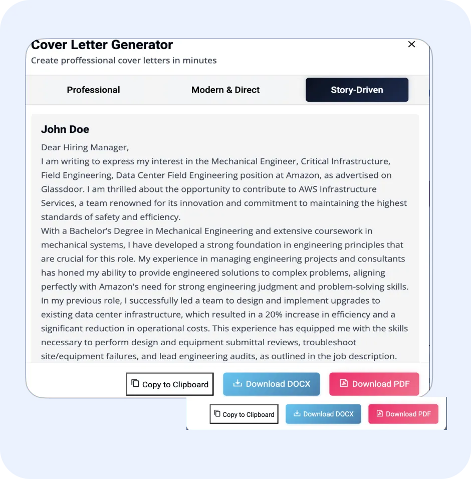 Cover letter interface showcasing customizable features for job applications, including "Download DOCX" and "Download PDF" options, designed for ORO AI's cover letter generator.